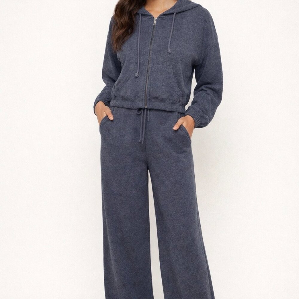 Hippie Rose Blue Hoodie and Ribbed Wide Leg Sweatpant Set Women Size XS